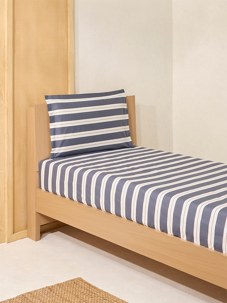 Westside Home Dark Grey Stripe Single Bed Fitted Sheet and Pillowcase Set