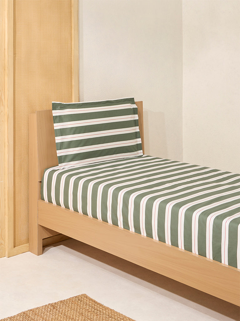 Westside Home Olive Striped Single Bed Flat Sheet and Pillowcase Set