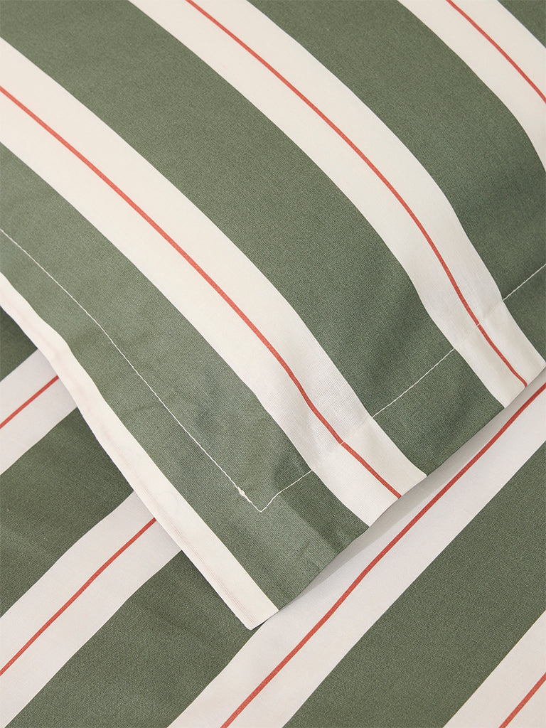 Westside Home Olive Striped Single Bed Flat Sheet and Pillowcase Set