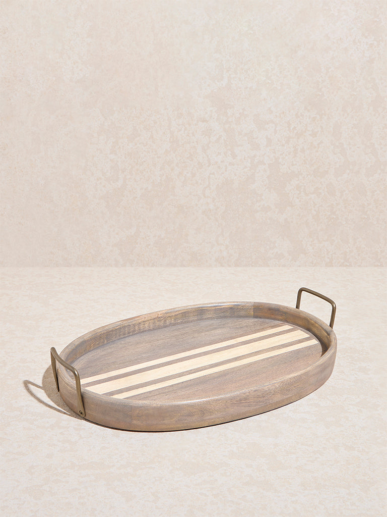 Westside Home Beige Stripe Printed Wooden Serving Tray - Large