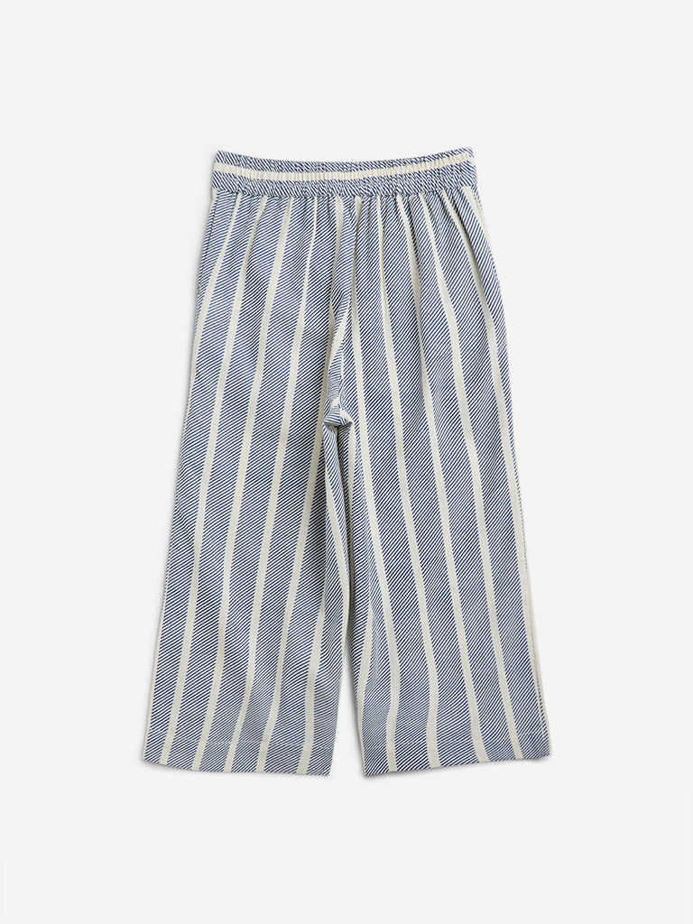 Utsa Kids Blue Striped High-Rise Cotton-Blend Pants - (2-8yrs)