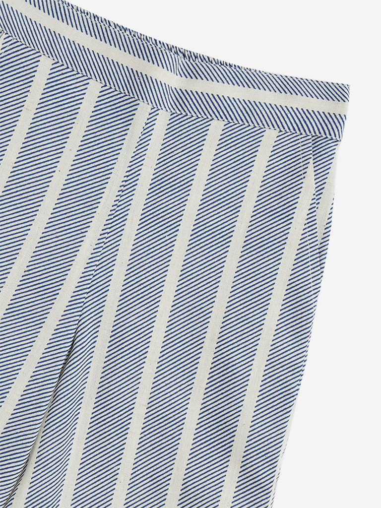Utsa Kids Blue Striped High-Rise Cotton-Blend Pants - (2-8yrs)