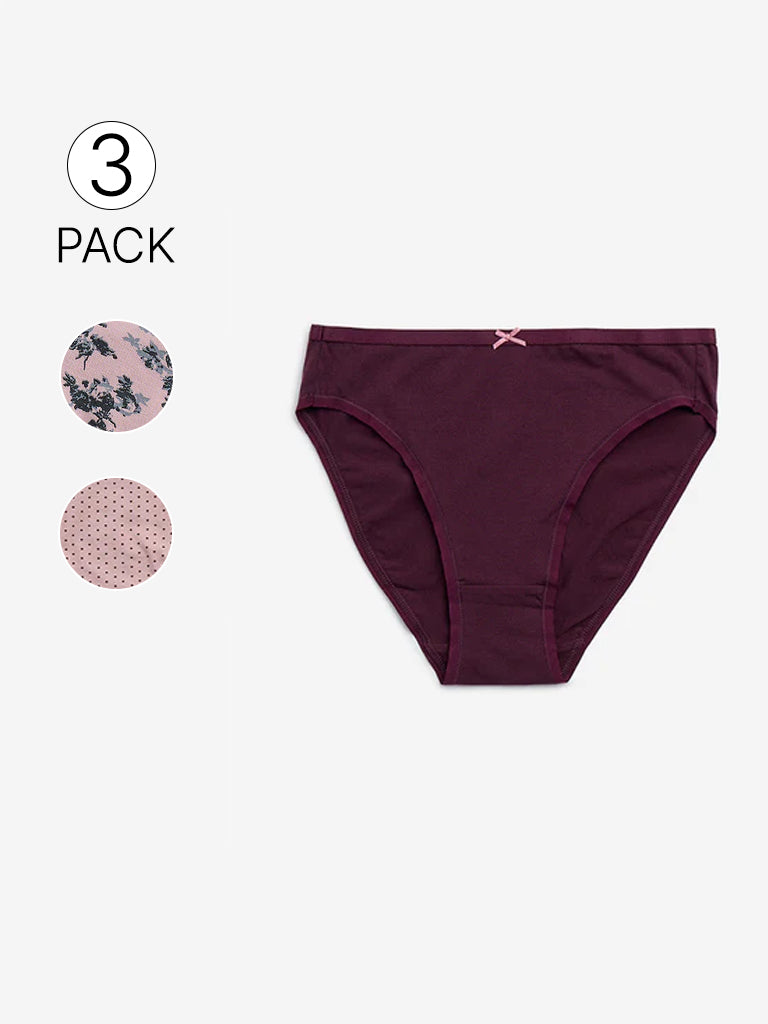 Wunderlove Burgundy Printed Cotton-Blend Briefs - Pack of 3