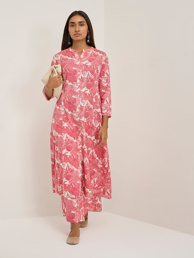 Utsa Pink Leaf Printed High-Rise Palazzos