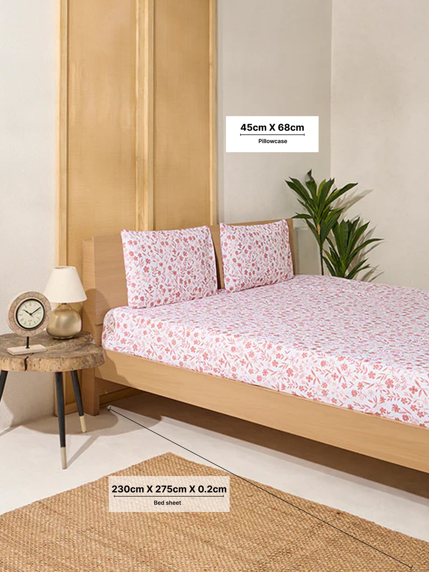 Westside Home Pink Floral Print Queen Bed Flat Sheet and Pillowcase Set