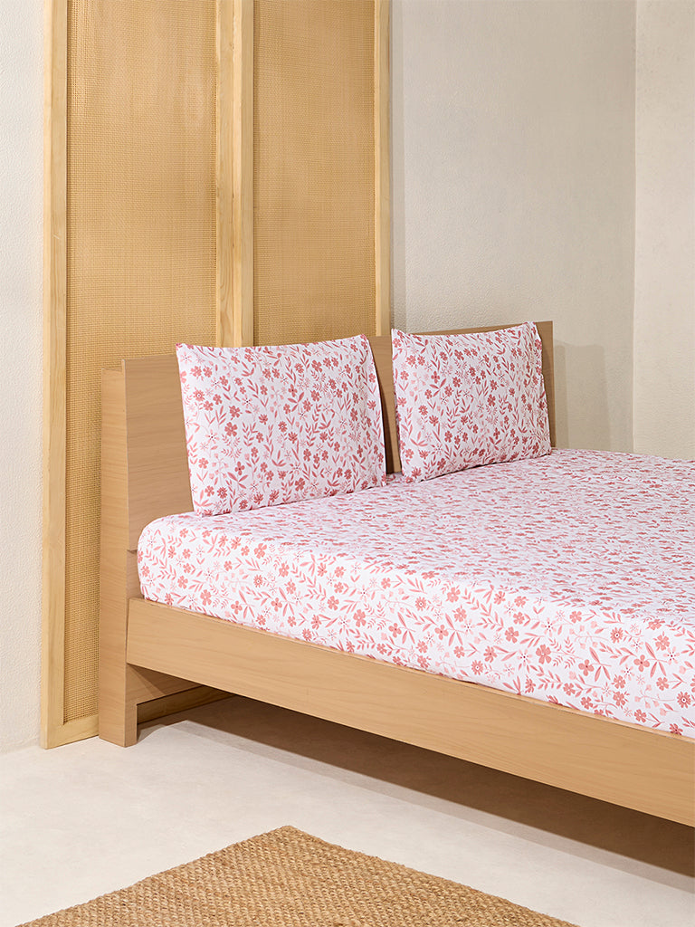 Westside Home Pink Floral Print Queen Bed Flat Sheet and Pillowcase Set
