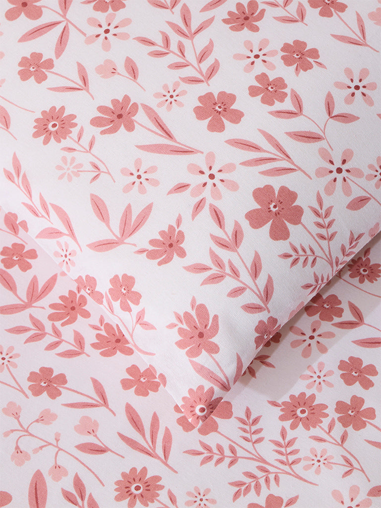 Westside Home Pink Floral Print Queen Bed Flat Sheet and Pillowcase Set
