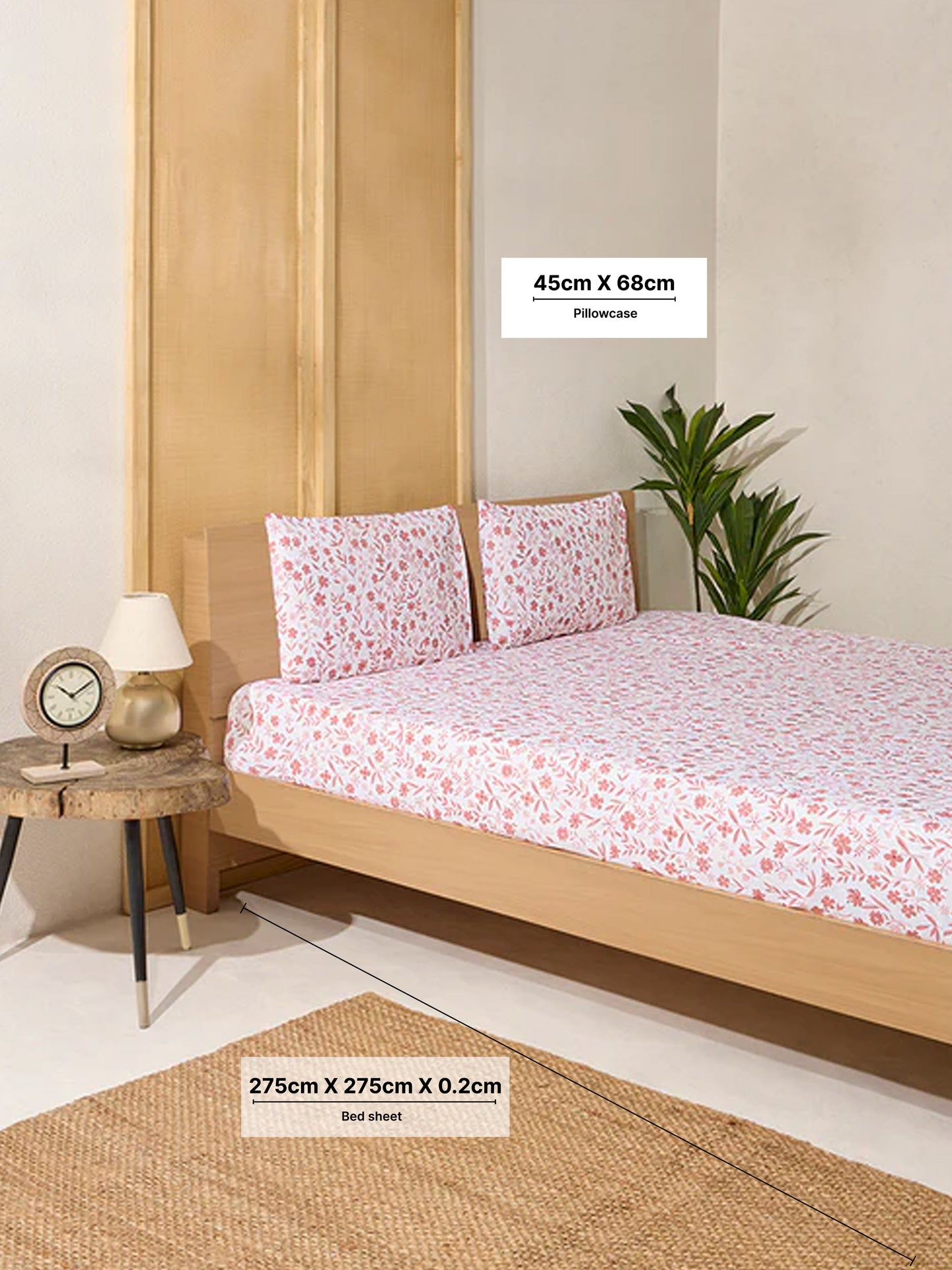 Westside Home Pink Floral Print King Bed Flat Sheet and Pillowcase Set