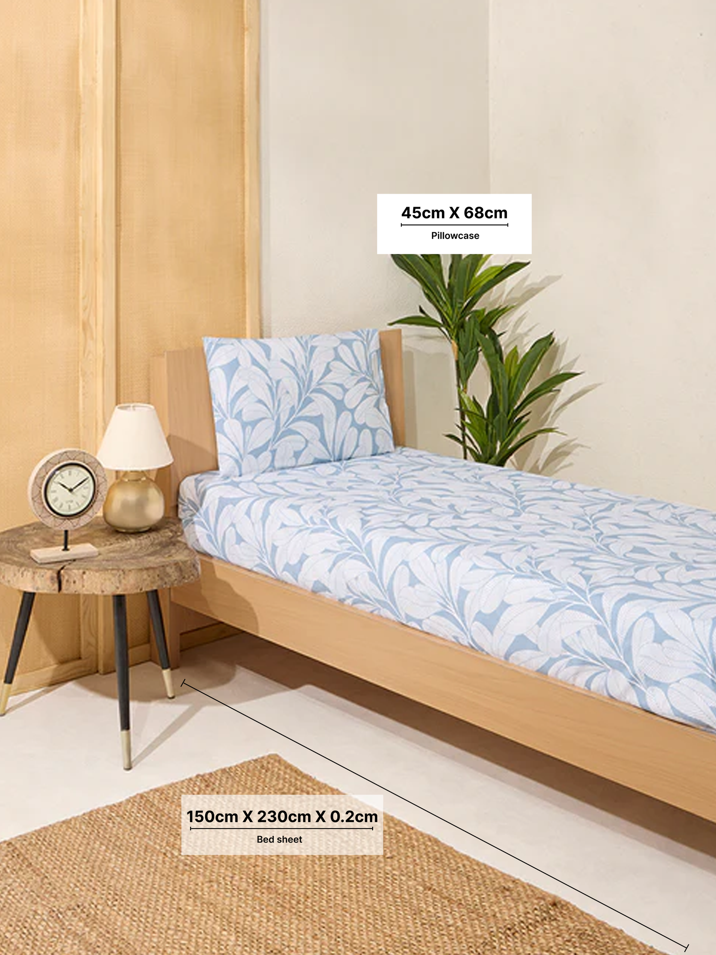 Westside Home Dusty Blue Leaf Printed Single Bed Flat Sheet and Pillowcase Set