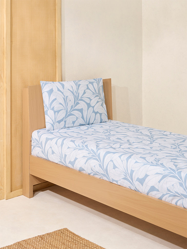 Westside Home Dusty Blue Leaf Printed Single Bed Flat Sheet and Pillowcase Set