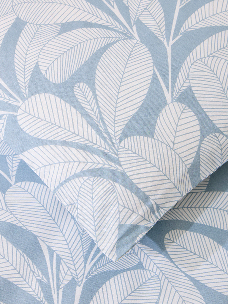 Westside Home Dusty Blue Leaf Printed Single Bed Flat Sheet and Pillowcase Set