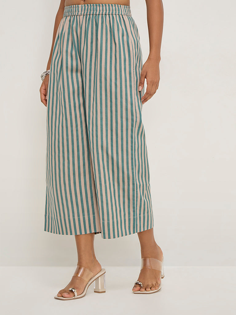 Utsa Teal Striped High-Rise Cotton-Blend Ethnic Pants