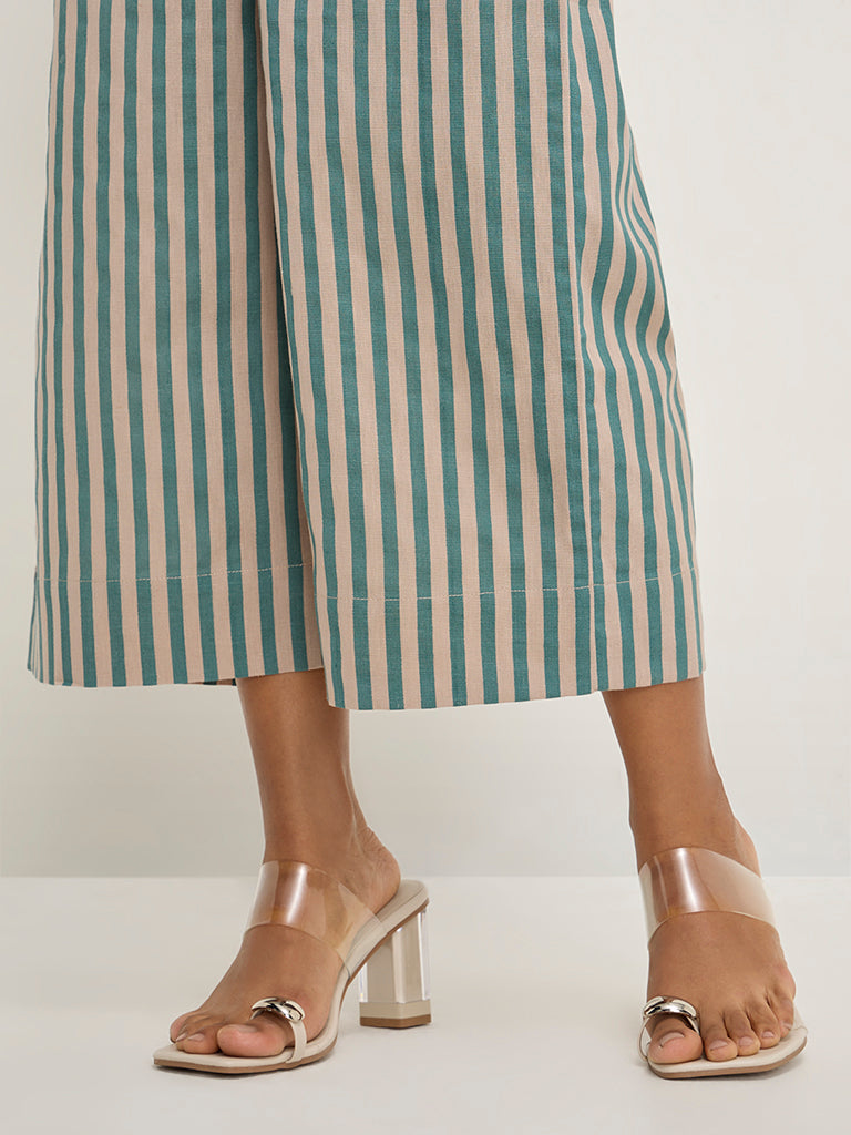 Utsa Teal Striped High-Rise Cotton-Blend Ethnic Pants