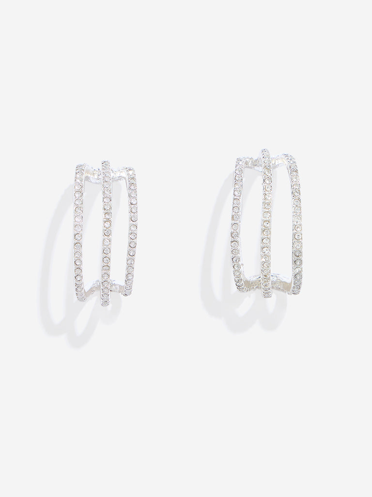 Westside Accessories Silver Three Lines Studded Hoops Earrings