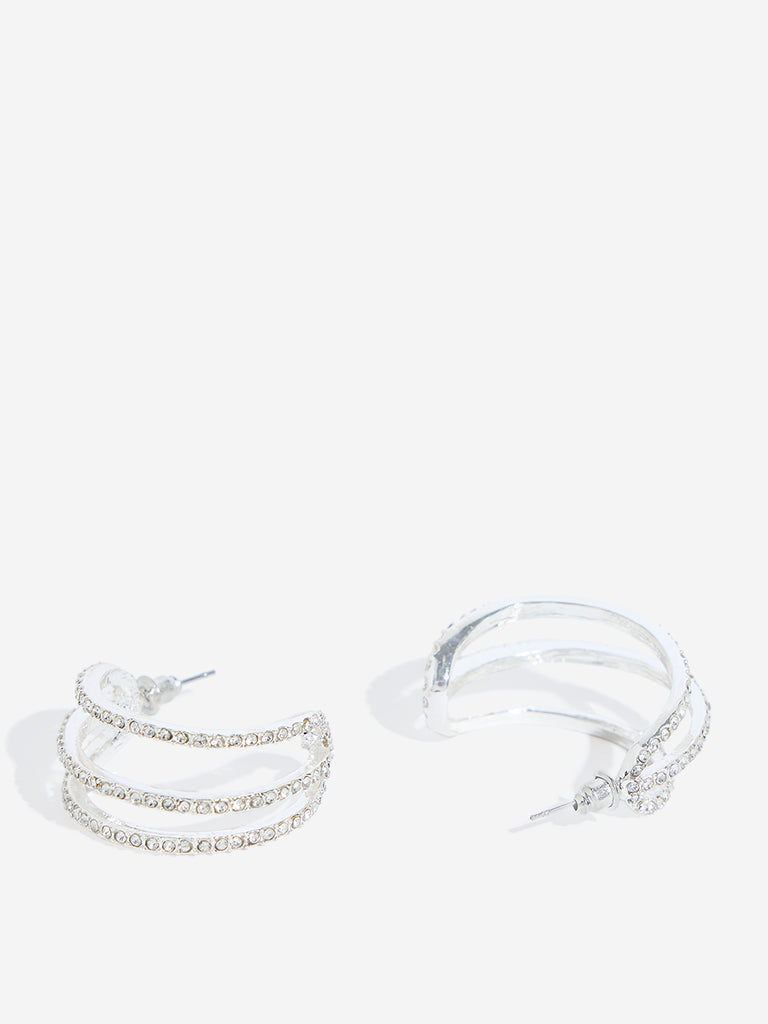 Westside Accessories Silver Three Lines Studded Hoops Earrings