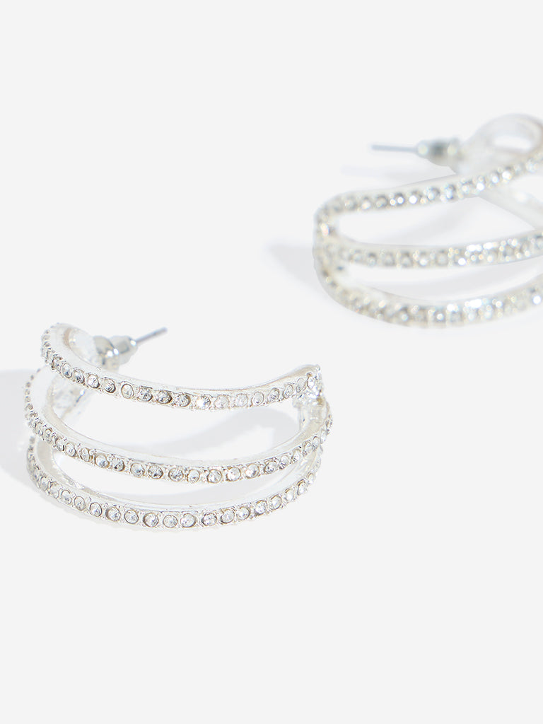 Westside Accessories Silver Three Lines Studded Hoops Earrings