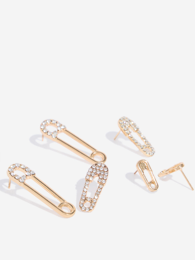 Westside Accessories Gold Embellished Pin Earrings - Pack of 3