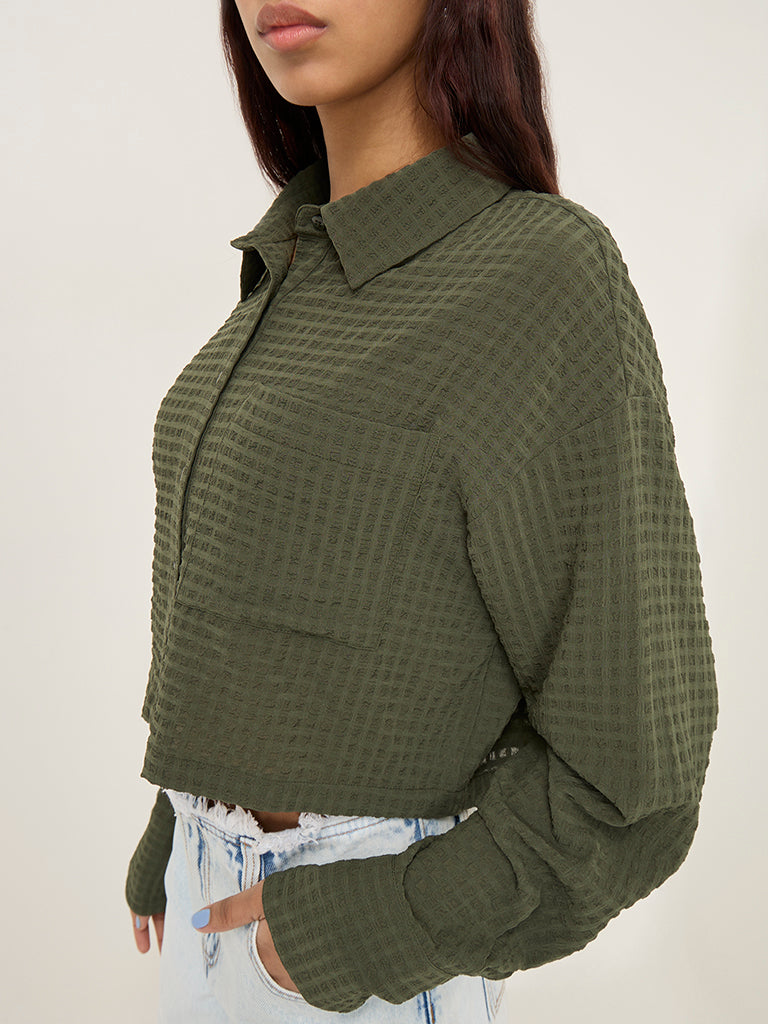Nuon Olive Waffle-Textured Shirt