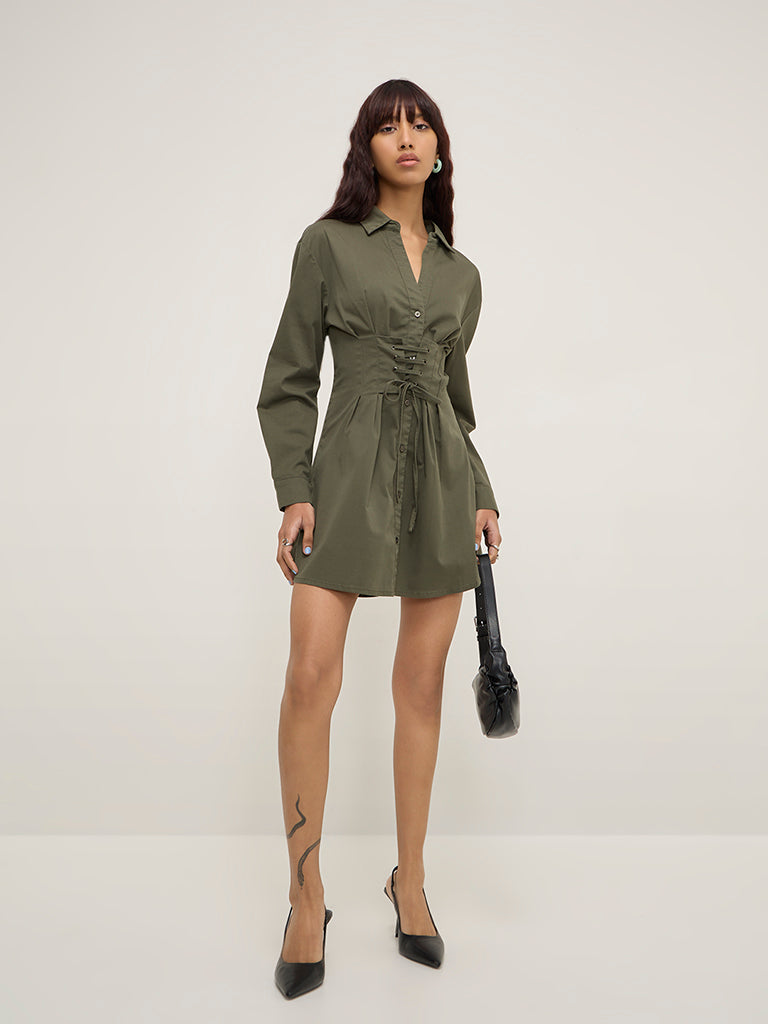 Nuon Olive Corset-Style Cotton-Blend Shirt Dress