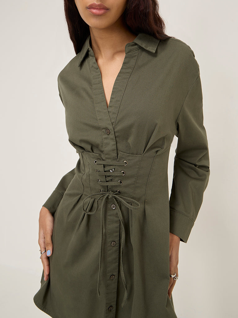 Nuon Olive Corset-Style Cotton-Blend Shirt Dress