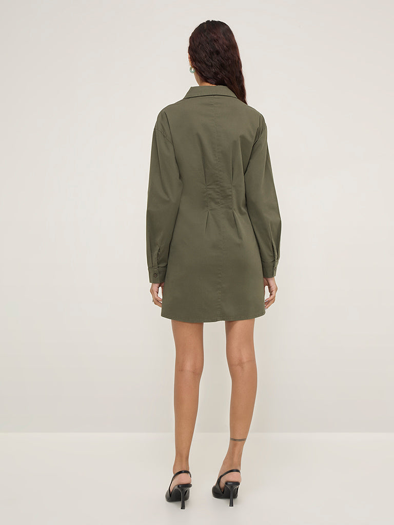 Nuon Olive Corset-Style Cotton-Blend Shirt Dress