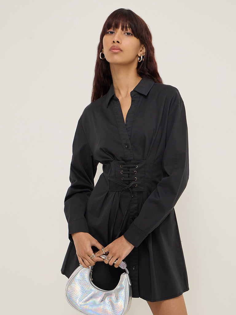 Nuon Black Corset-Style Cotton-Blend Shirt Dress