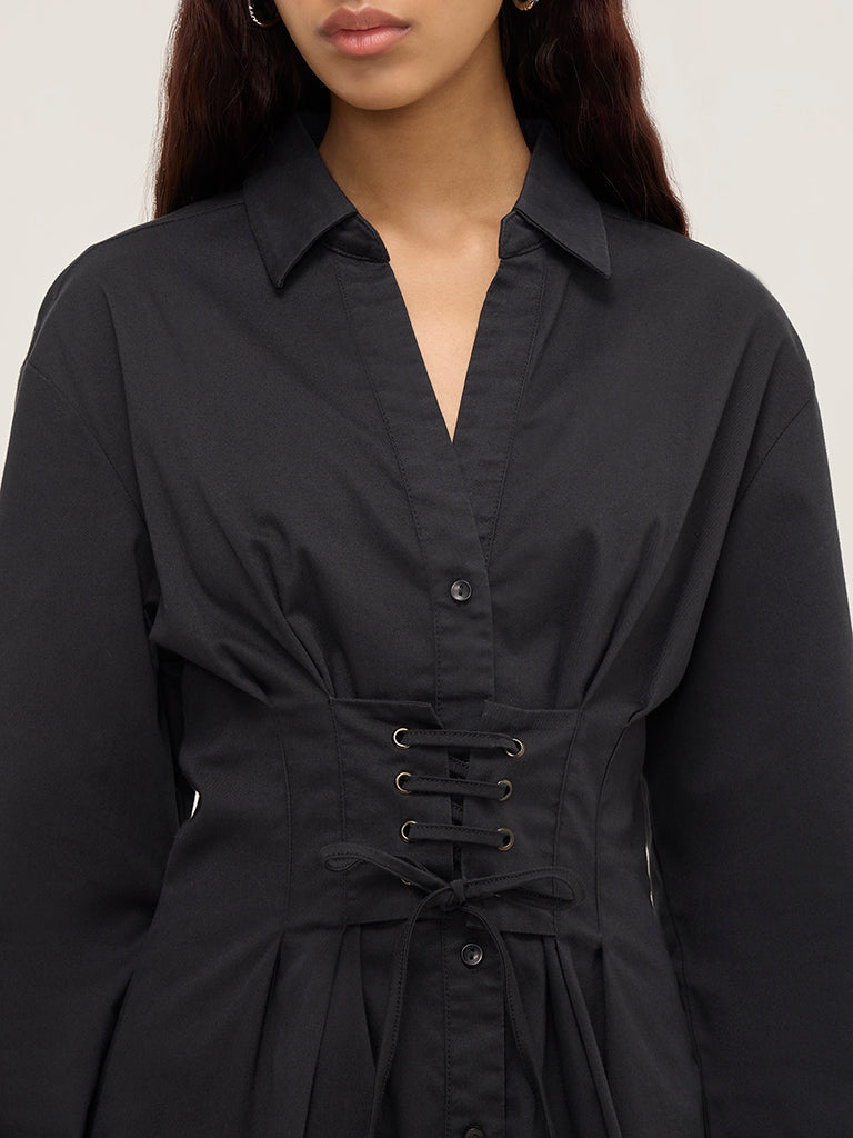 Nuon Black Corset-Style Cotton-Blend Shirt Dress