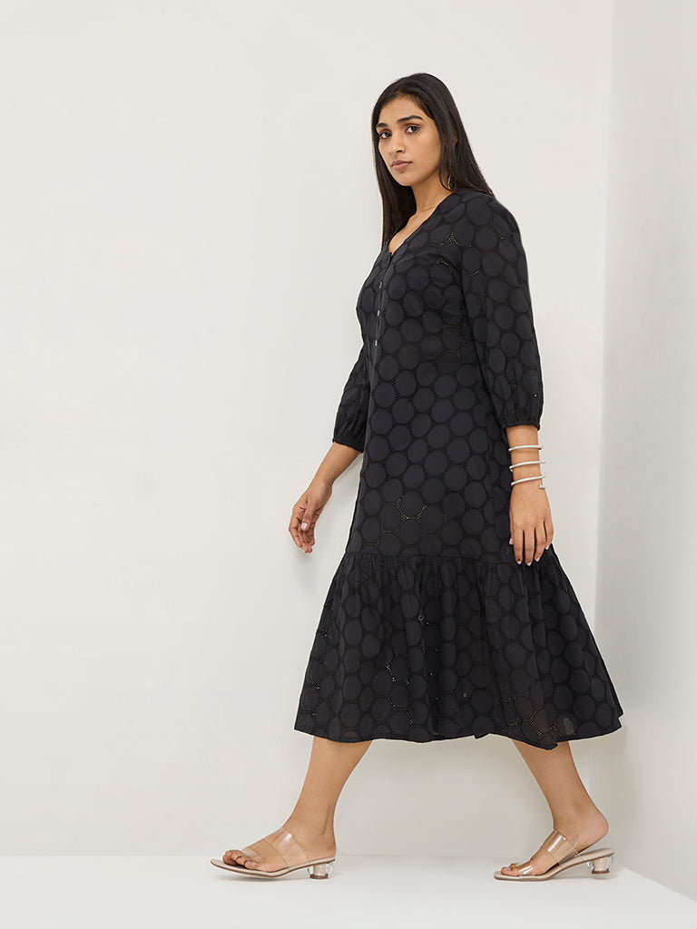 Diza Black Circular Design Drop-Waist Cotton Dress