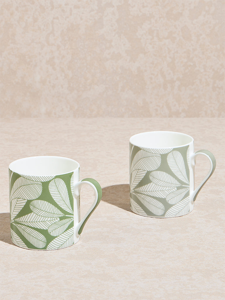 Westside Home Green Leaf Printed Mugs  (Set of 2)