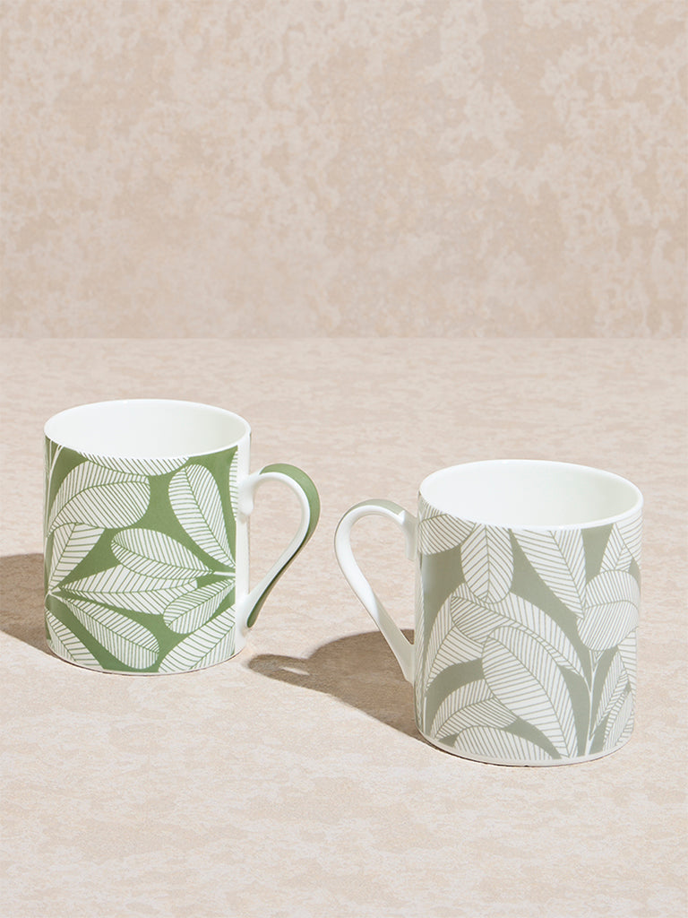 Westside Home Green Leaf Printed Mugs  (Set of 2)