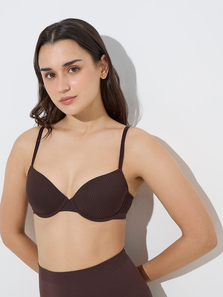Wunderlove Dark Brown Self-Striped Under-Wired Bra