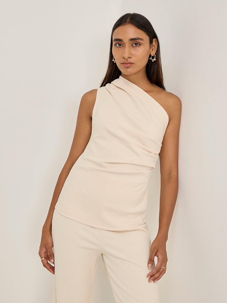 LOV Beige Ribbed-Textured One Shoulder Cotton-Blend Top