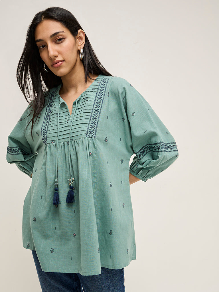 Buy Utsa Mint Printed Fit-and-Flare Cotton Kurti from Westside