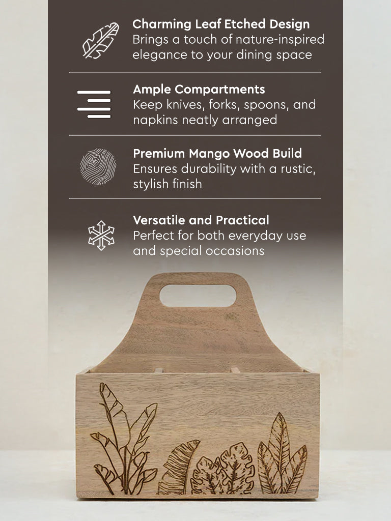 Westside Home Light Brown Leaf Etched Wooden Cutlery Caddy