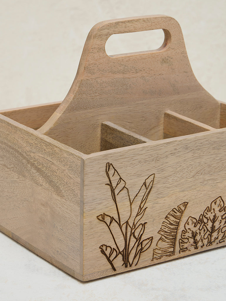 Westside Home Light Brown Leaf Etched Wooden Cutlery Caddy