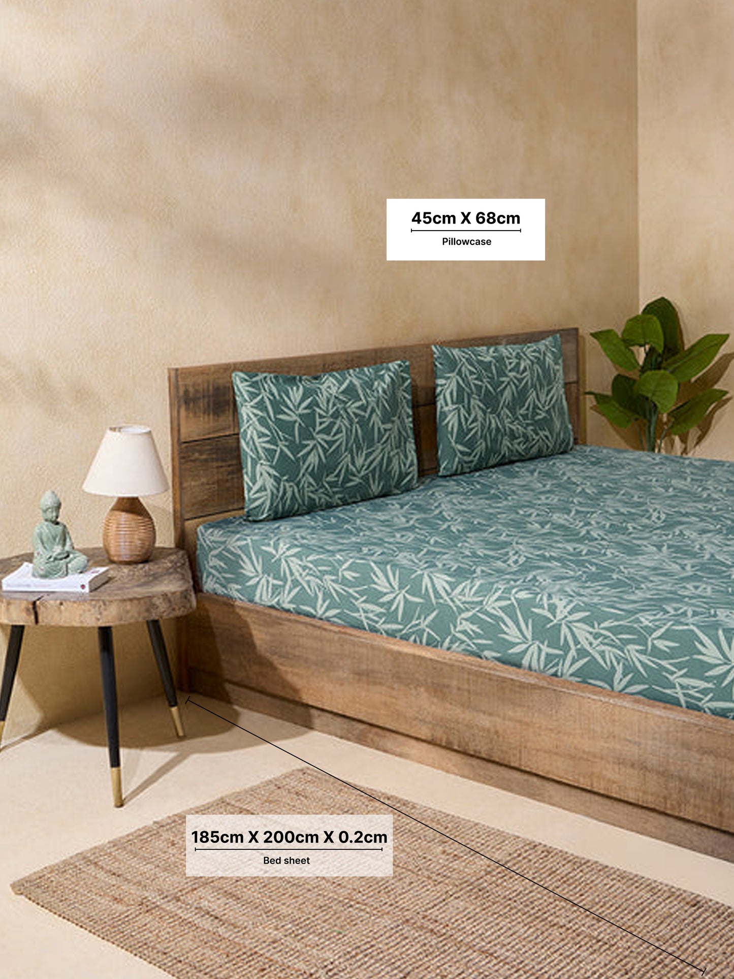 Westside Home Dark Green Leaf Design Queen Bed Fitted Sheet and Pillowcase Set