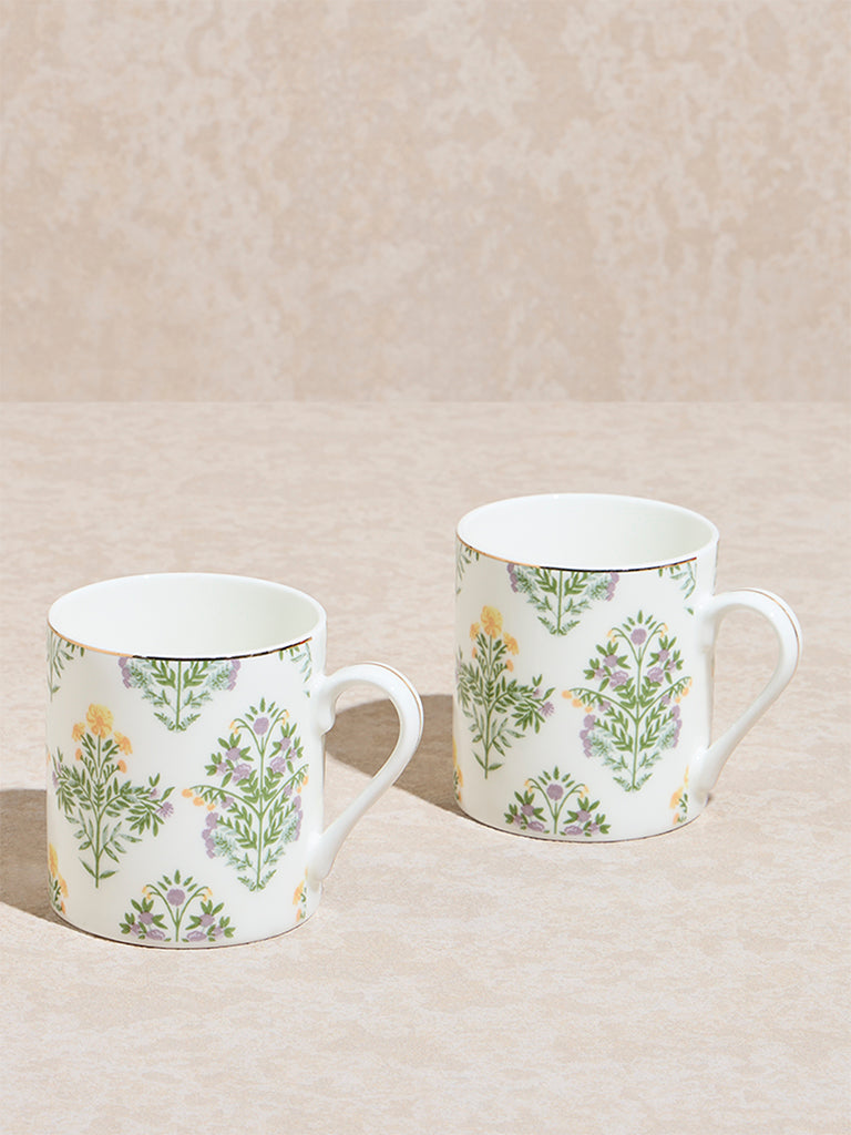 Westside Home Yellow and Green Botanical Printed Large Mugs  (Set of 2)