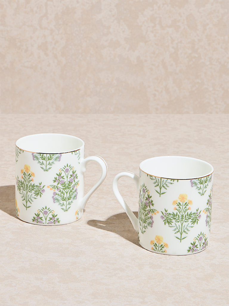 Westside Home Yellow and Green Botanical Printed Large Mugs  (Set of 2)