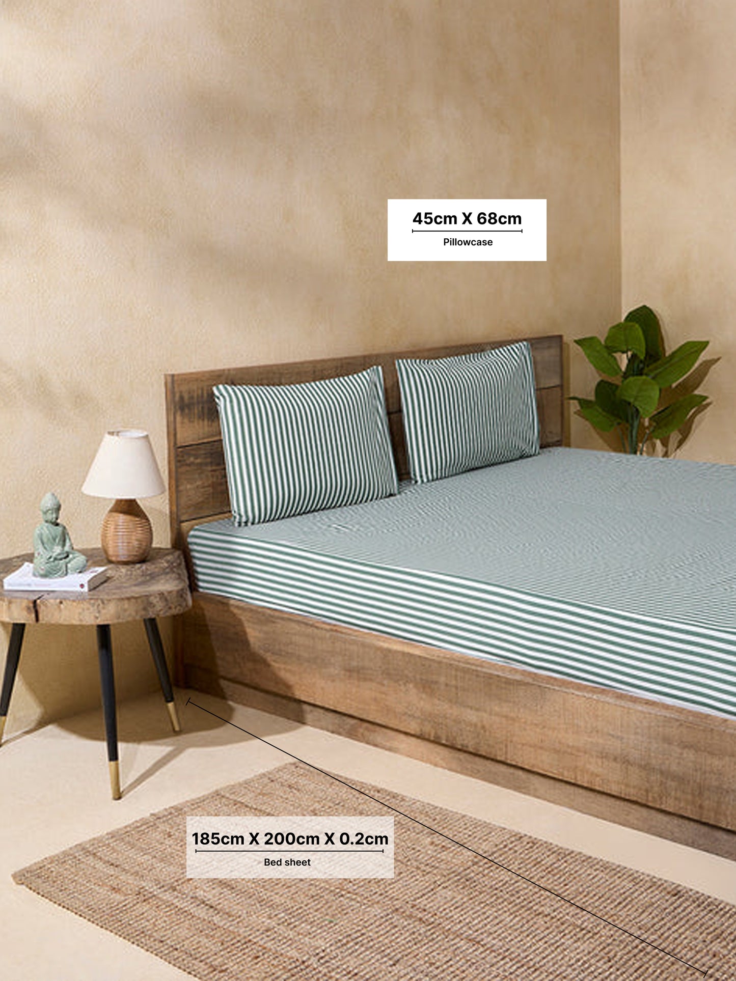 Westside Home Dark Green Striped Queen Bed Fitted Sheet and Pillowcase Set