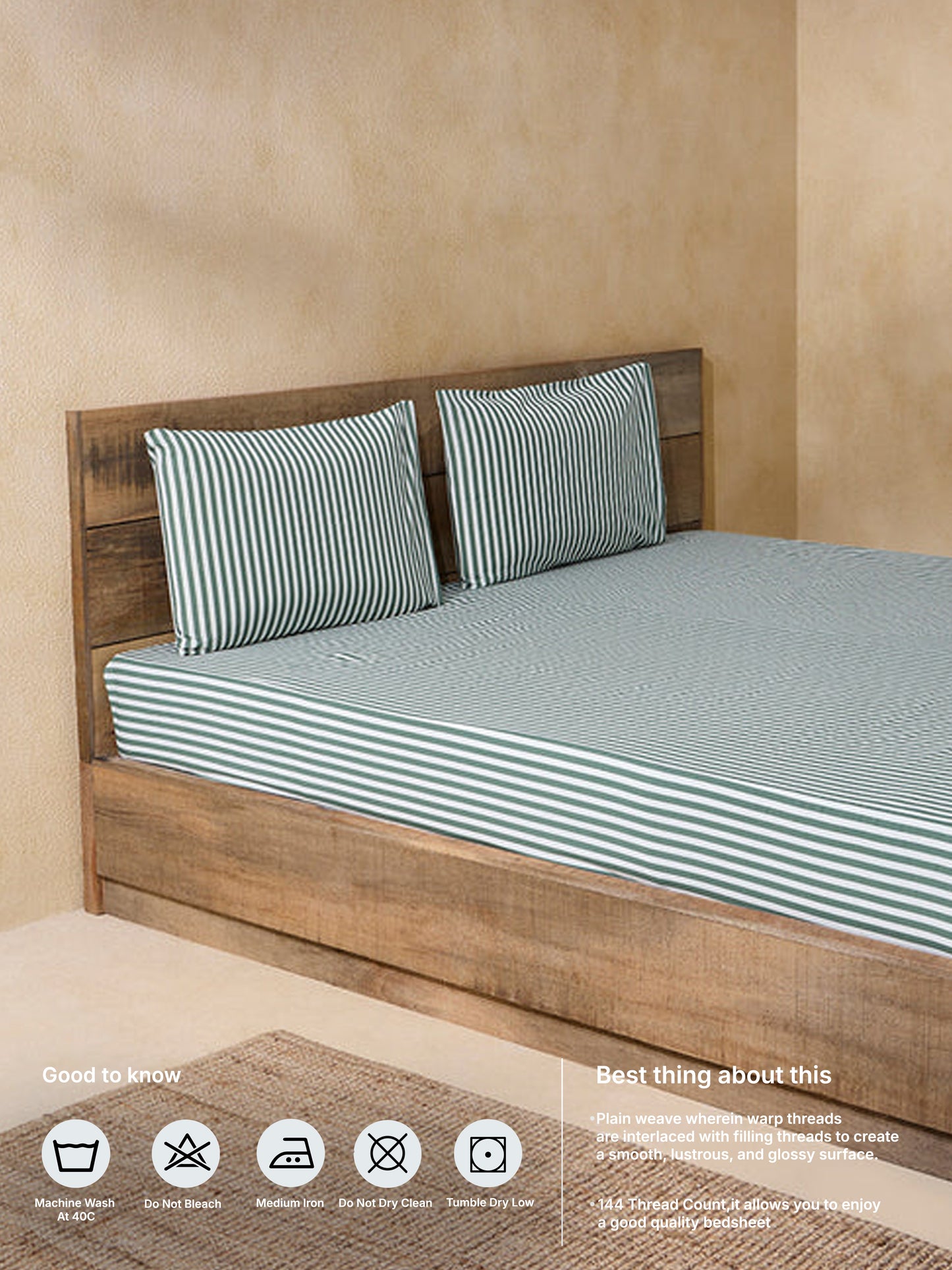 Westside Home Dark Green Striped Queen Bed Fitted Sheet and Pillowcase Set