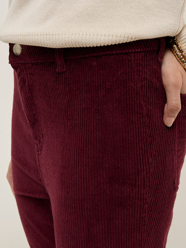 LOV Burgundy Ribbed Corduroy High-Rise Cotton-Blend Pants