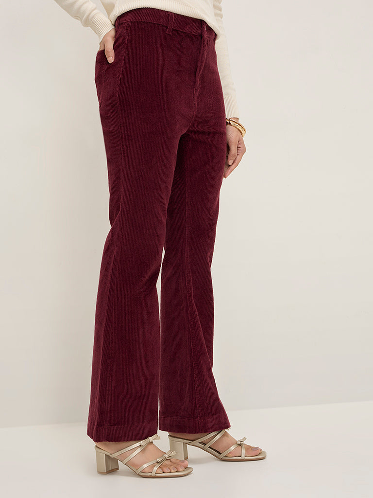 Buy LOV Burgundy Ribbed Corduroy High-Rise Cotton Blend Pants from