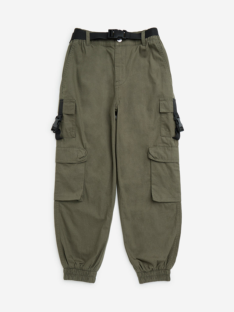 Y&F Kids Olive Buckle-Detailed Mid-Rise Cotton Joggers