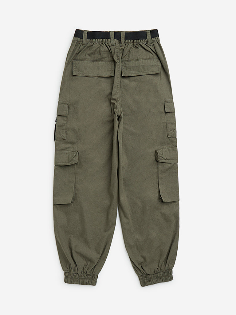 Y&F Kids Olive Buckle-Detailed Mid-Rise Cotton Joggers