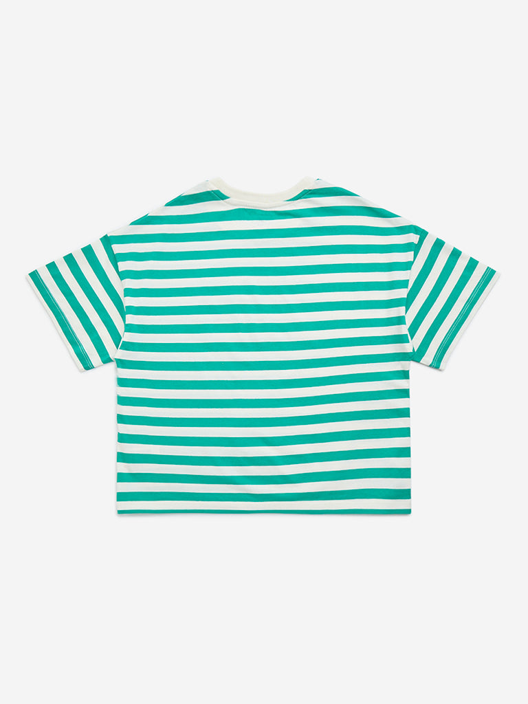 Y&F Kids Green Striped Cotton T-Shirt