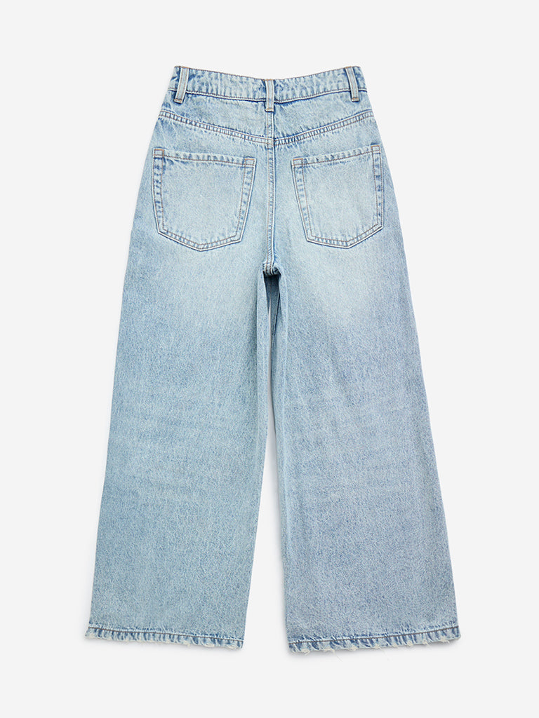 Y&F Kids Light Blue Distressed Wide-Leg High-Rise Jeans