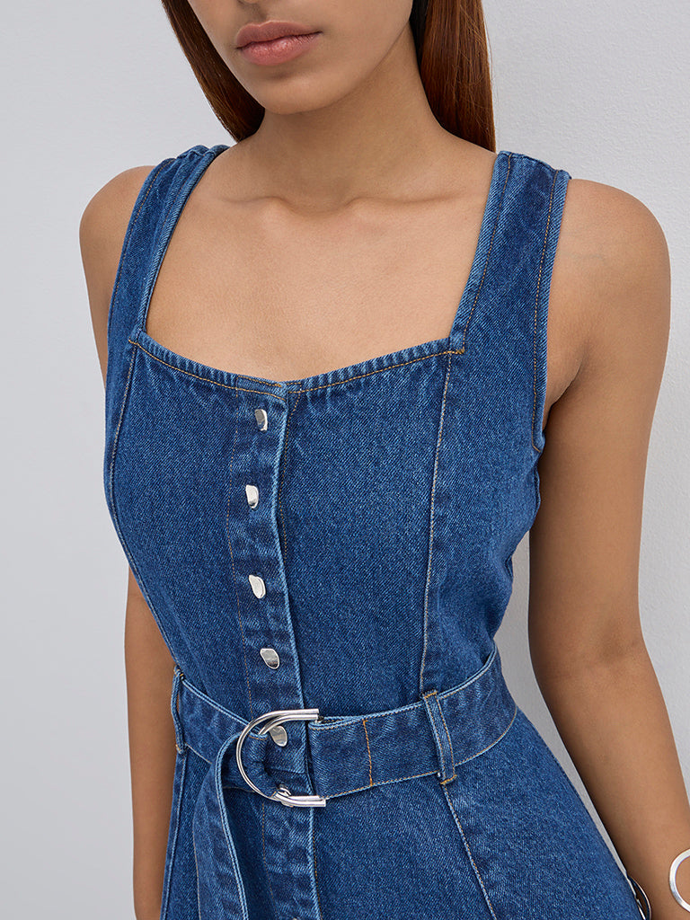 LOV Dark Blue A-Line Denim Dress with Belt