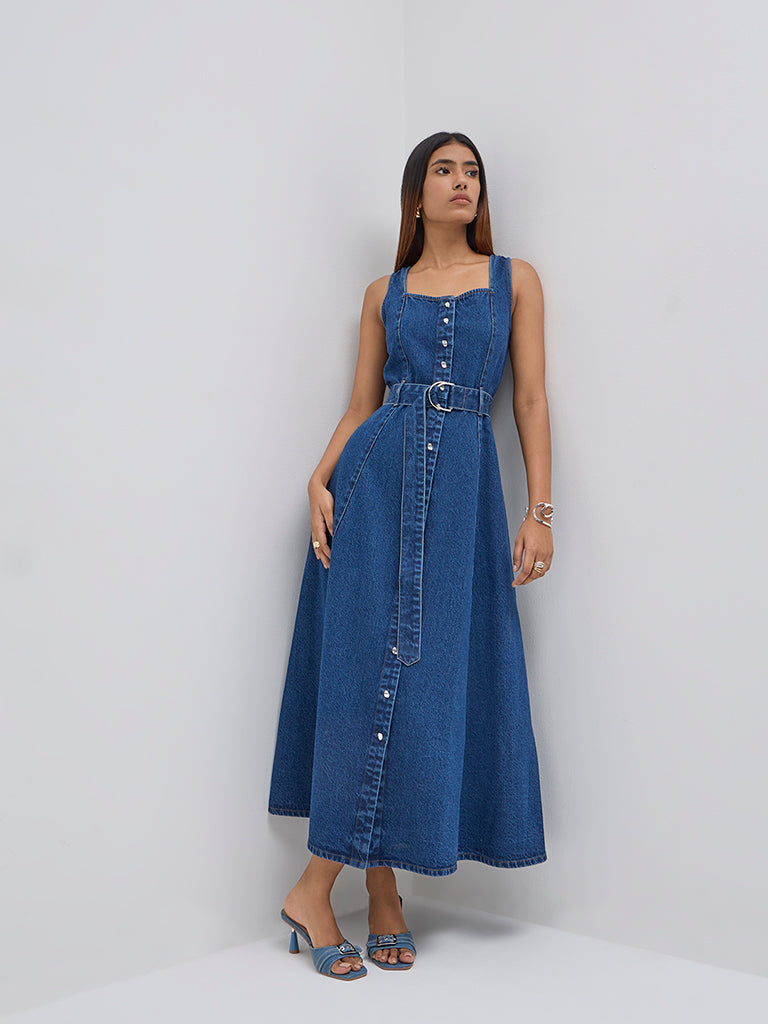 LOV Dark Blue A-Line Denim Dress with Belt