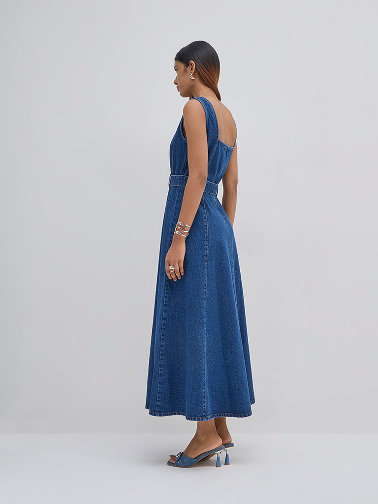 LOV Dark Blue A-Line Denim Dress with Belt