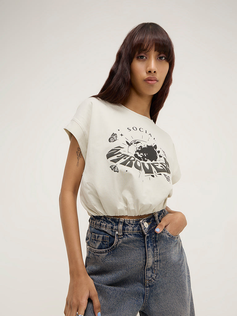 Nuon Off-White Text Design Cotton-Blend Top